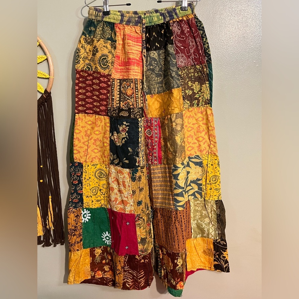 Vision of Tibet Multicolor Patch Work Boho Super Wide Leg Pull On Pants S